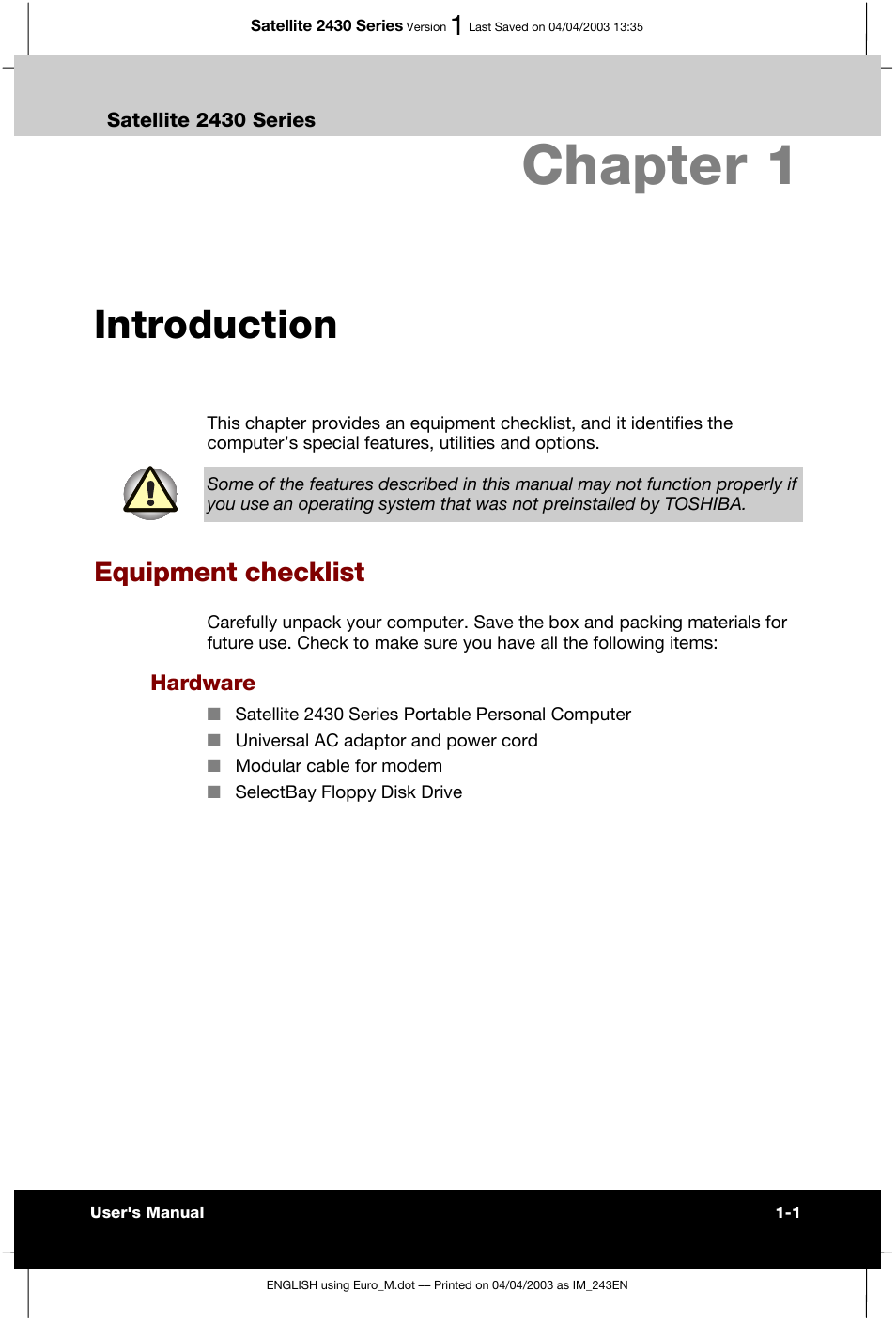 Chapter 1 introduction, Equipment checklist, Chapter 1 | Introduction | Toshiba Satellite 2430-301 User Manual | Page 32 / 222