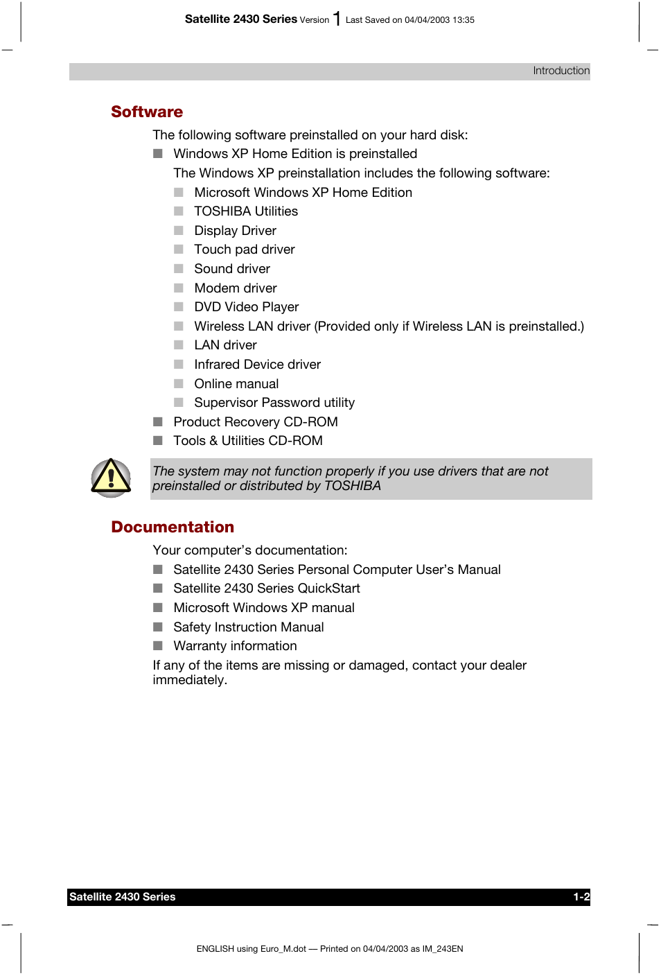 Software, Documentation | Toshiba Satellite 2430-301 User Manual | Page 33 / 222