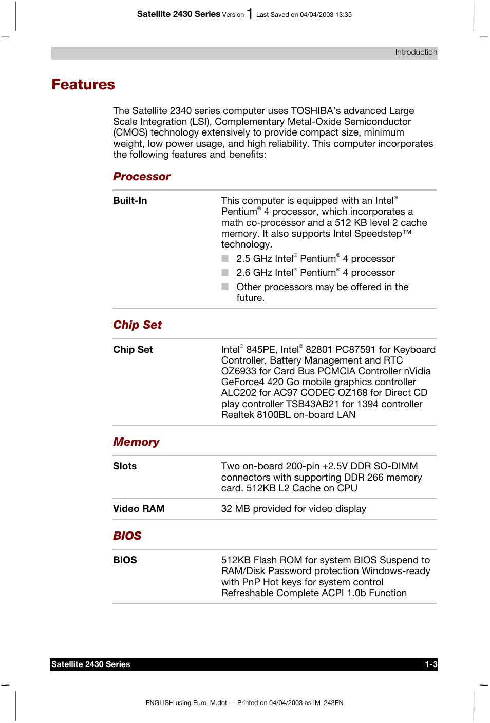 Features, Processor, Chip set | Bios | Toshiba Satellite 2430-301 User Manual | Page 34 / 222