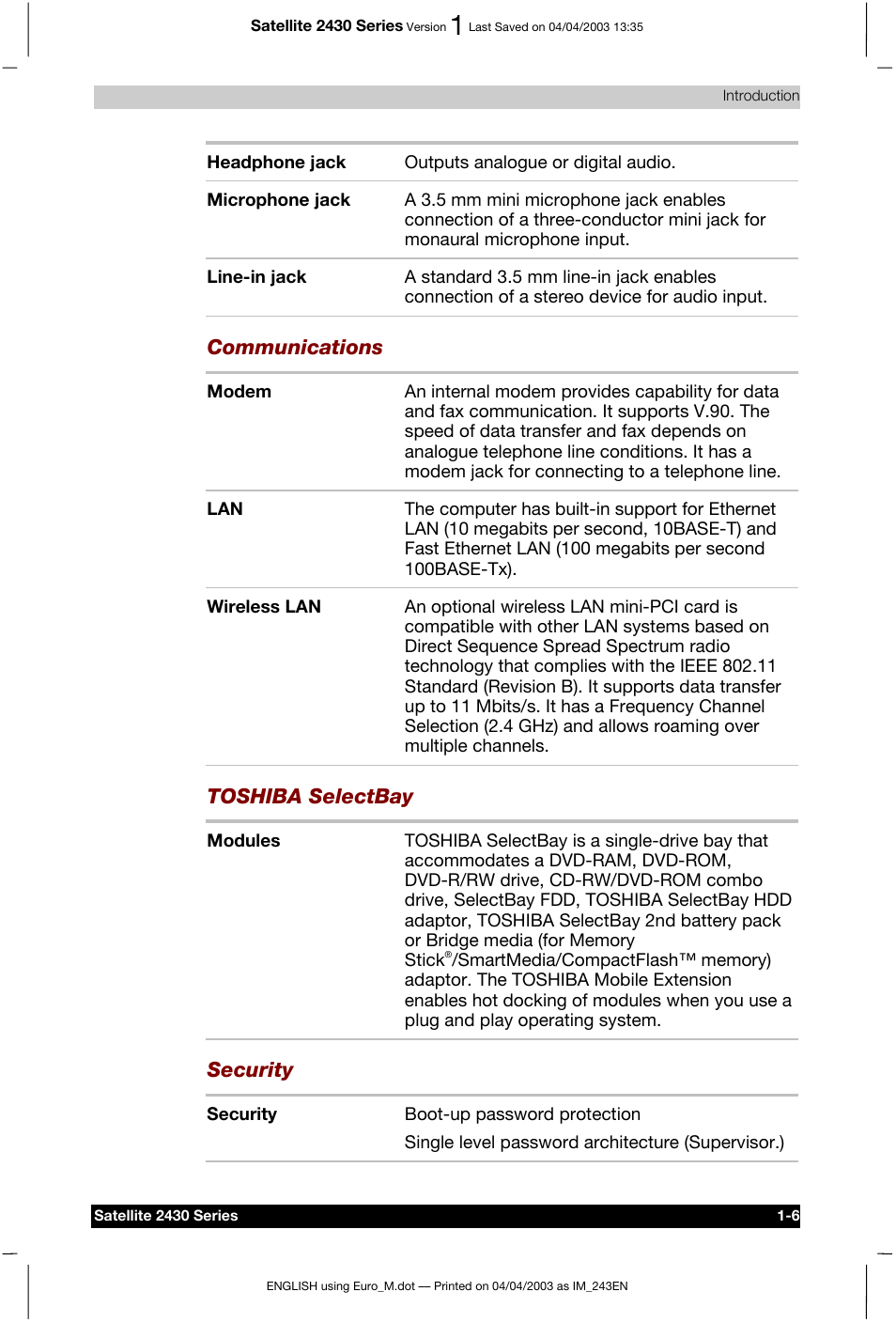 Communications, Toshiba selectbay, Security | Toshiba Satellite 2430-301 User Manual | Page 37 / 222