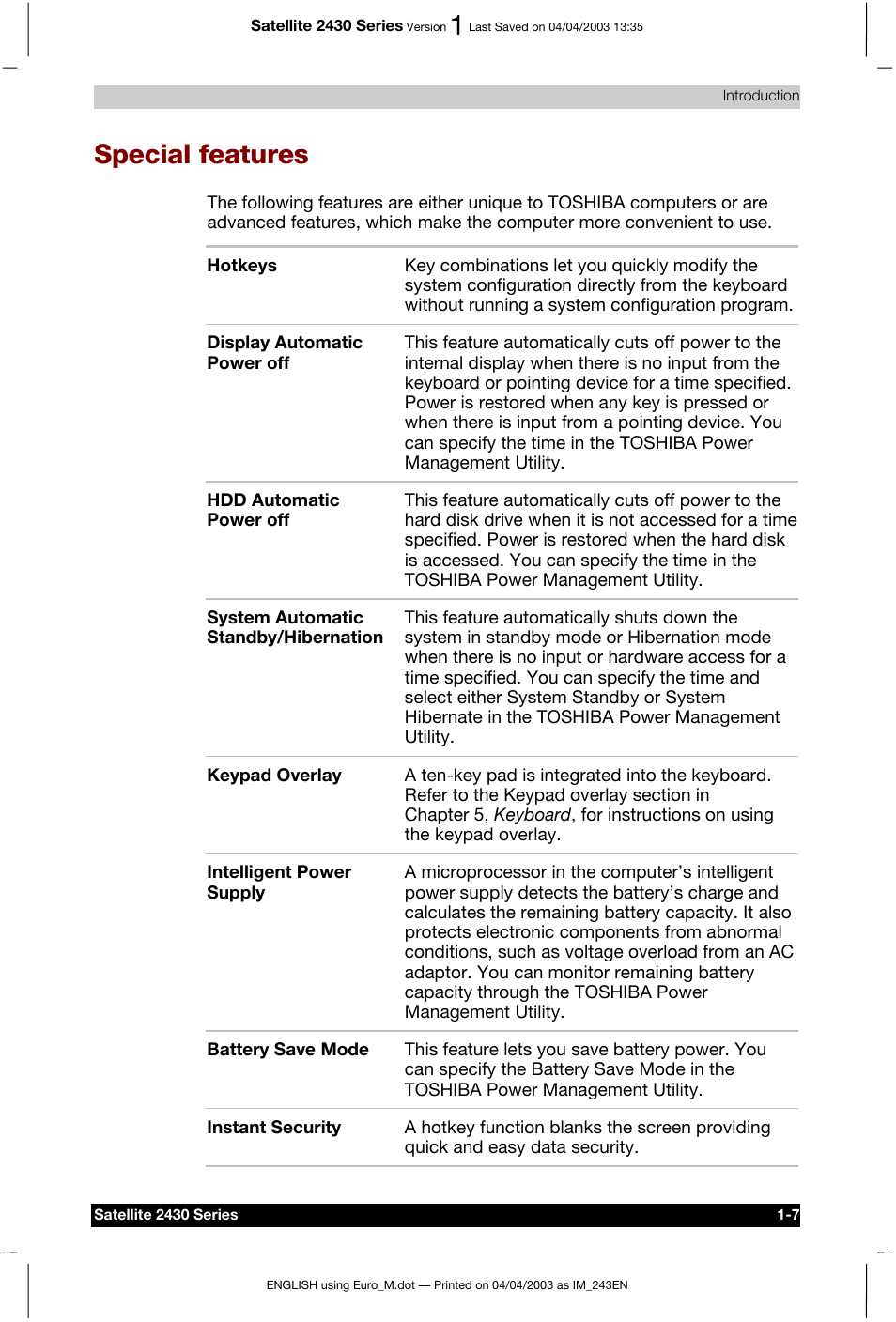 Special features | Toshiba Satellite 2430-301 User Manual | Page 38 / 222