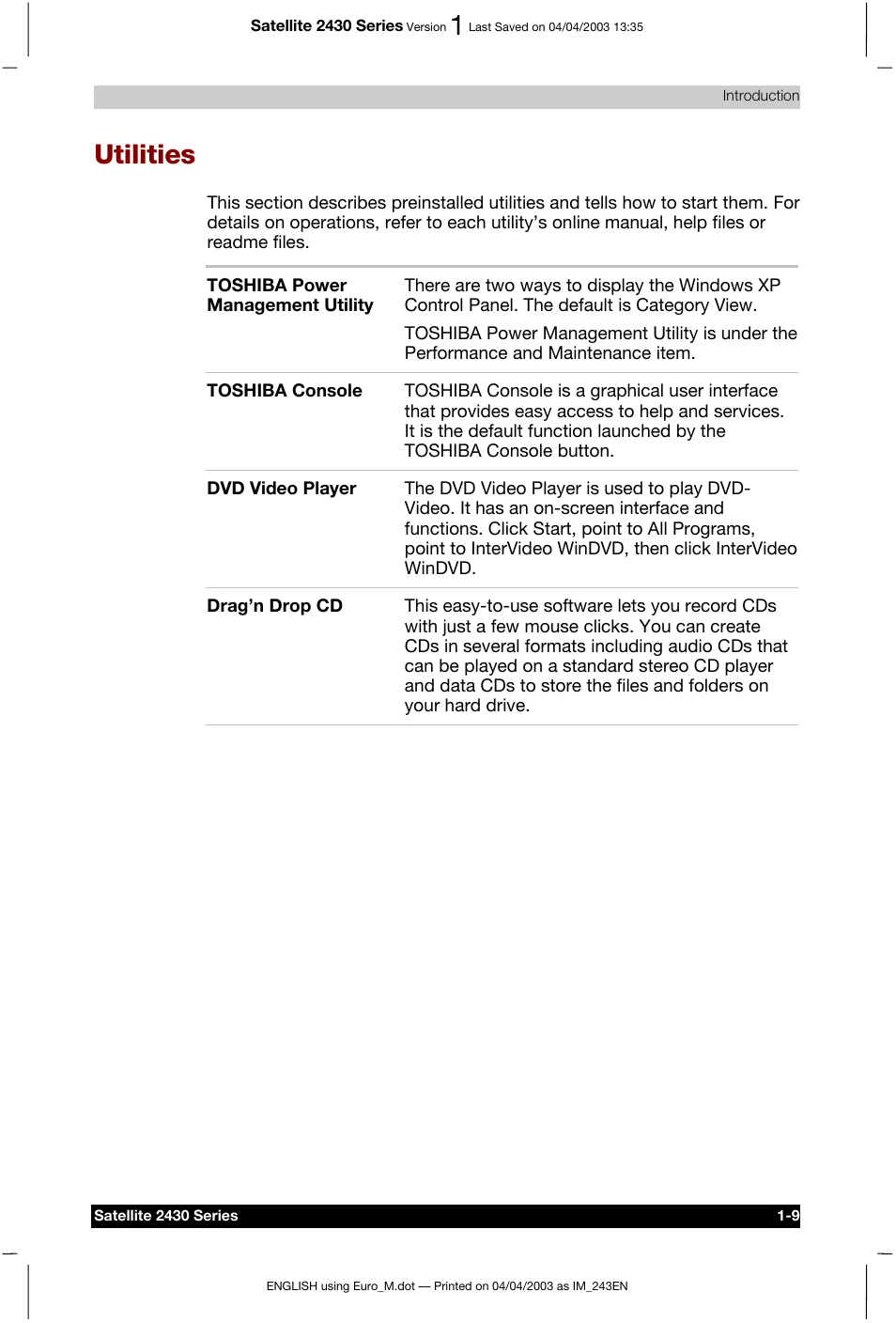 Utilities | Toshiba Satellite 2430-301 User Manual | Page 40 / 222