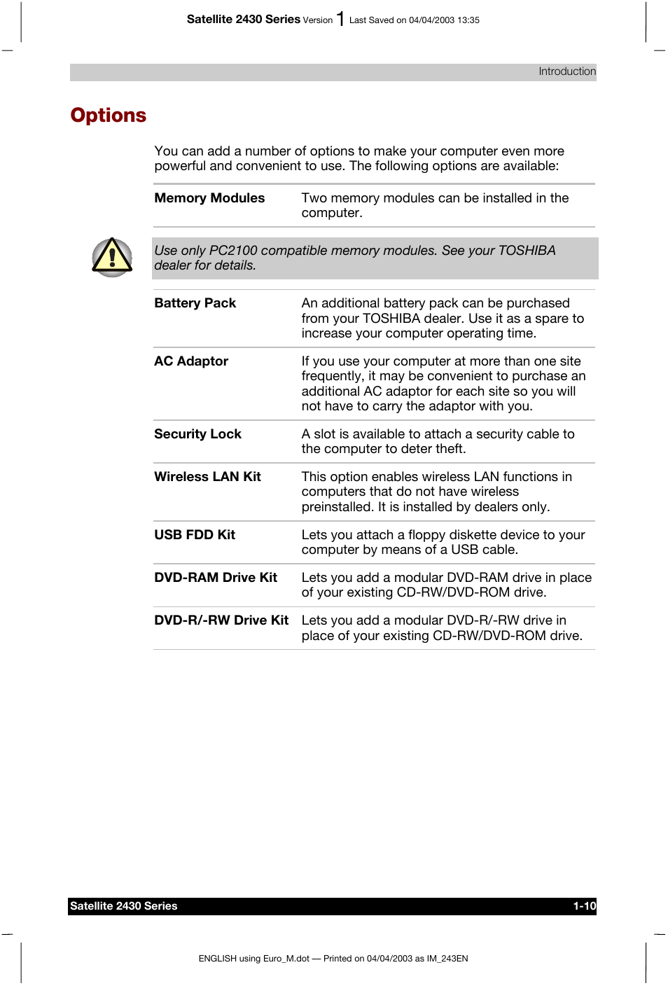 Options | Toshiba Satellite 2430-301 User Manual | Page 41 / 222