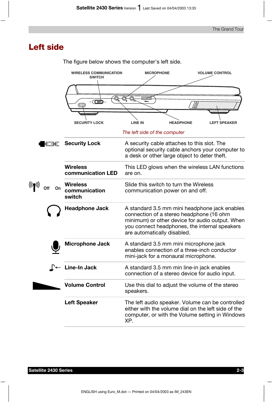 Left side, Left side -3 | Toshiba Satellite 2430-301 User Manual | Page 44 / 222