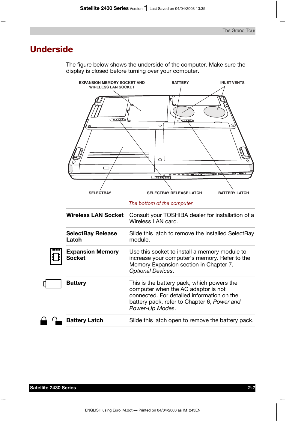 Underside | Toshiba Satellite 2430-301 User Manual | Page 48 / 222