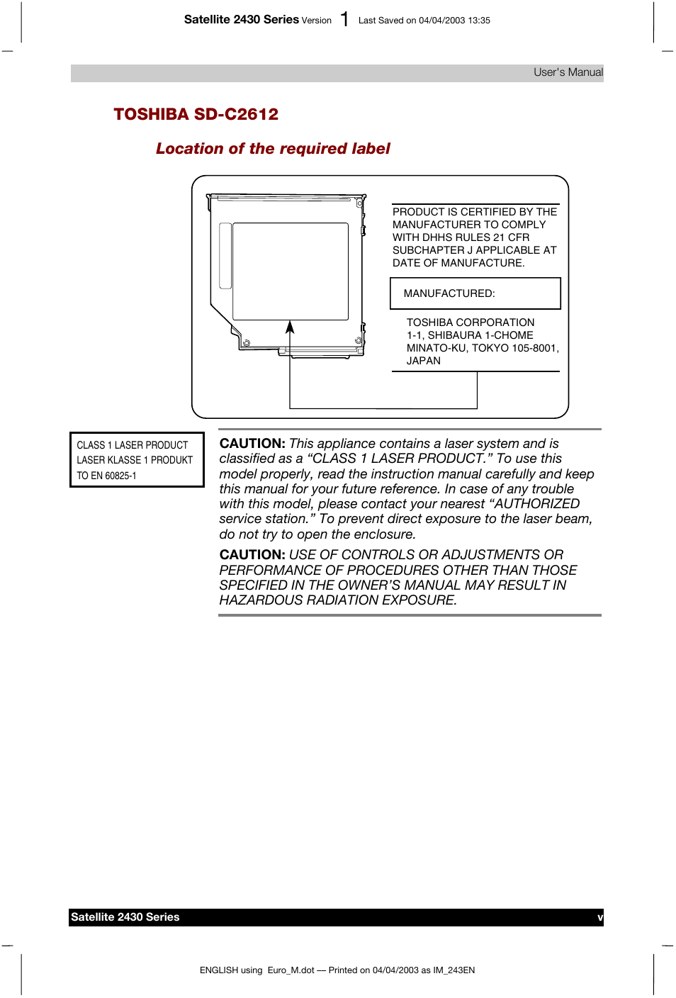 Toshiba sd-c2612, Location of the required label | Toshiba Satellite 2430-301 User Manual | Page 5 / 222