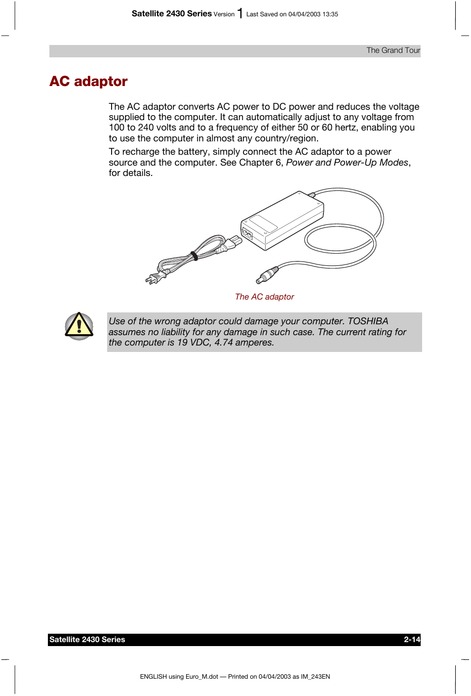 Ac adaptor | Toshiba Satellite 2430-301 User Manual | Page 55 / 222