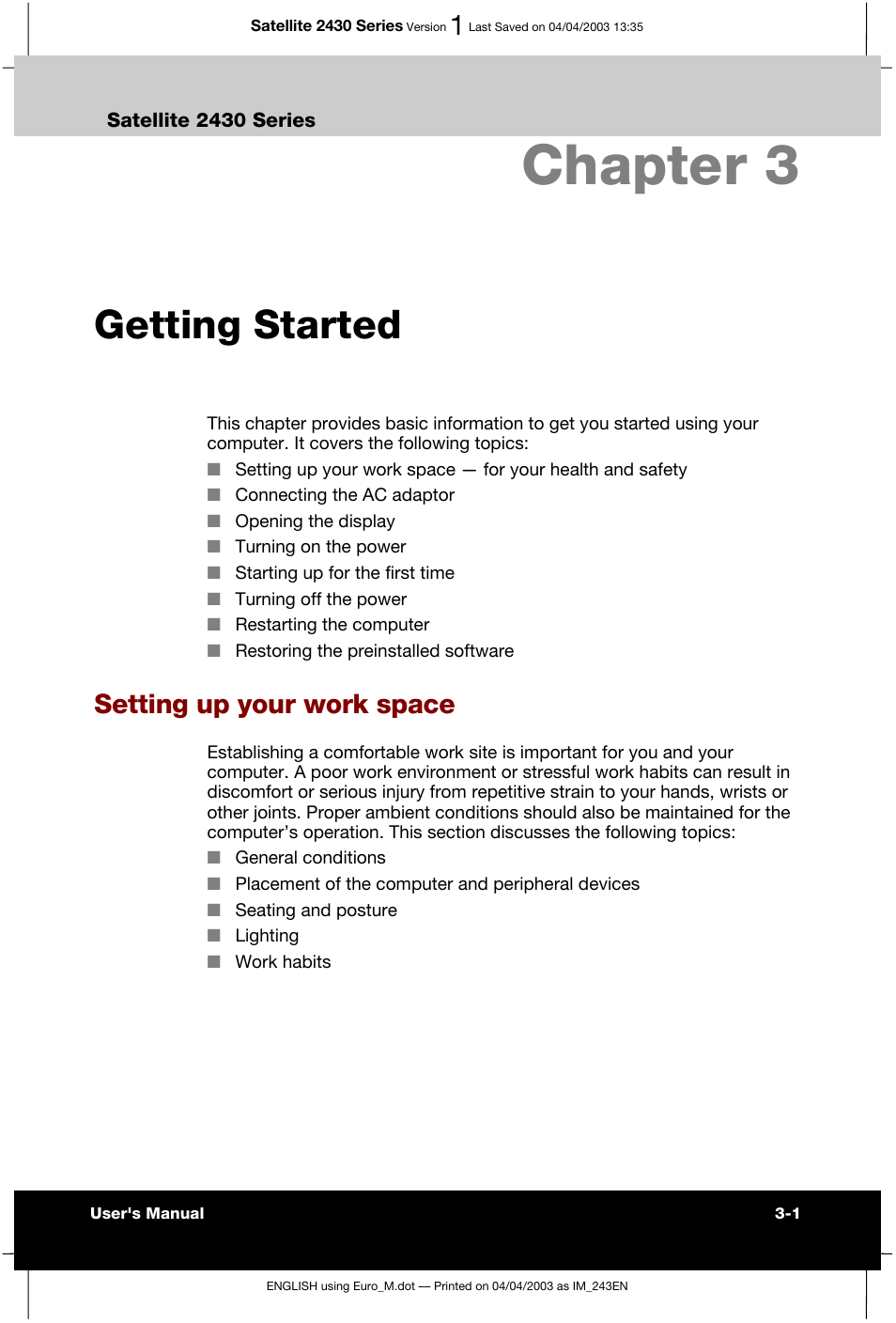 Chapter 3 getting started, Setting up your work space, Chapter 3 | Getting started | Toshiba Satellite 2430-301 User Manual | Page 56 / 222