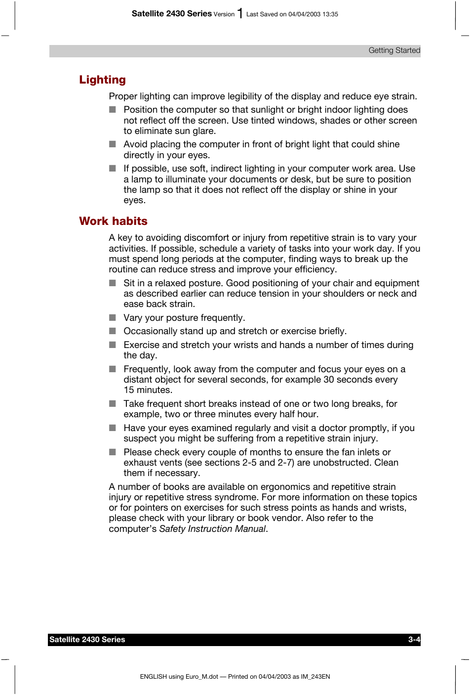 Lighting, Work habits | Toshiba Satellite 2430-301 User Manual | Page 59 / 222