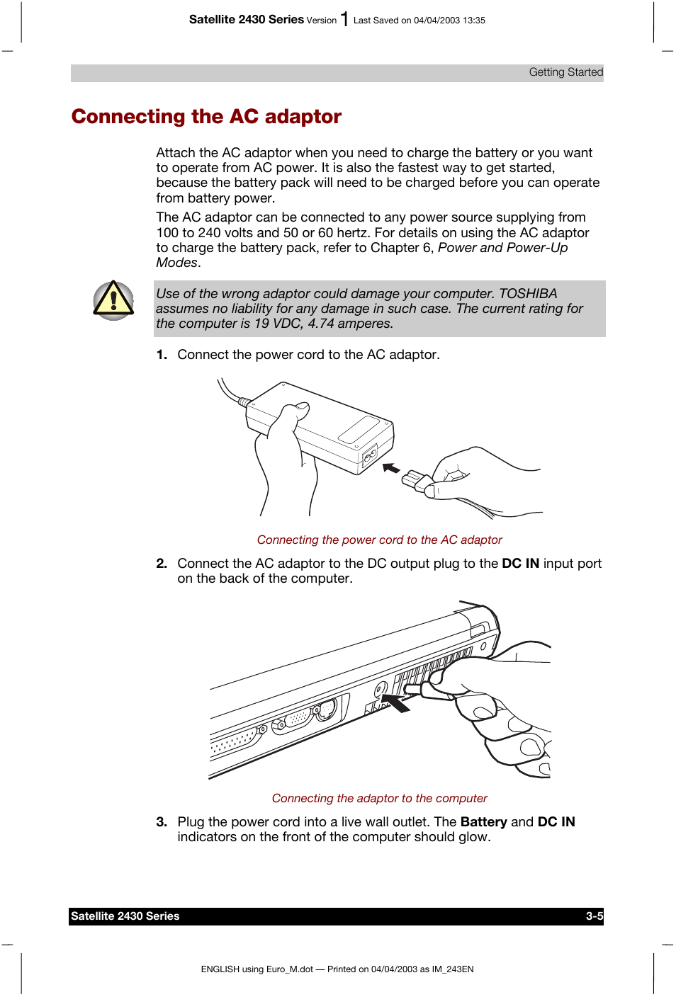 Connecting the ac adaptor | Toshiba Satellite 2430-301 User Manual | Page 60 / 222