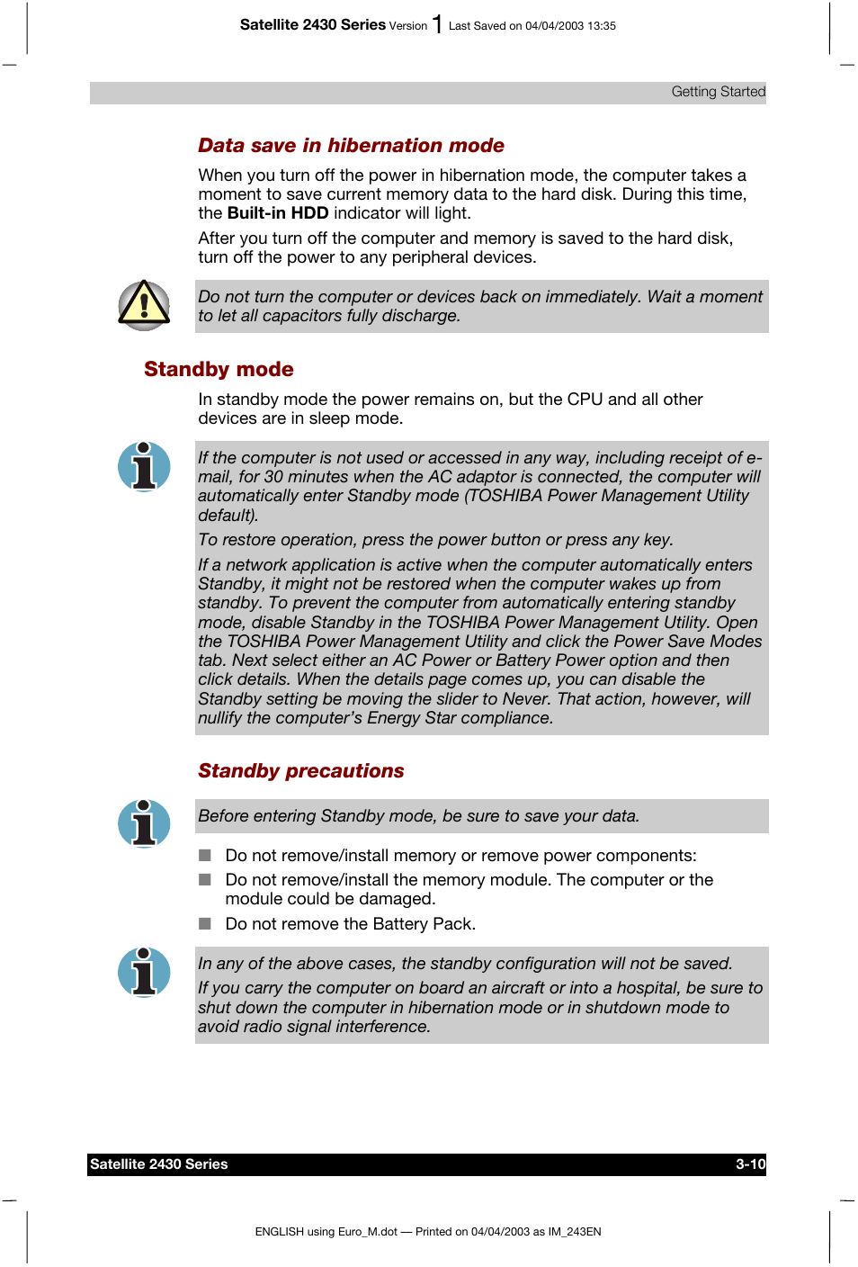 Standby mode | Toshiba Satellite 2430-301 User Manual | Page 65 / 222