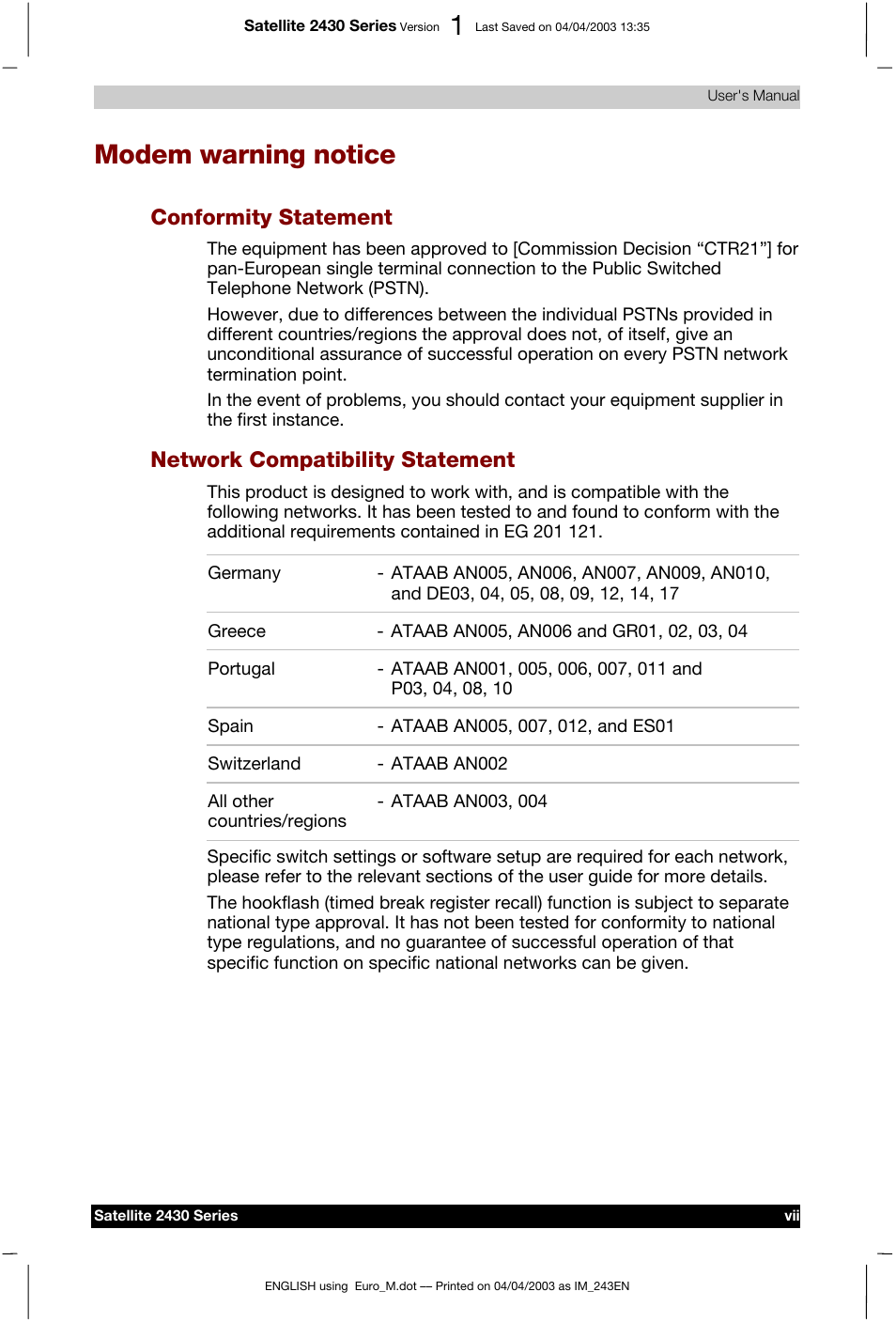 Modem warning notice, Conformity statement, Network compatibility statement | Toshiba Satellite 2430-301 User Manual | Page 7 / 222