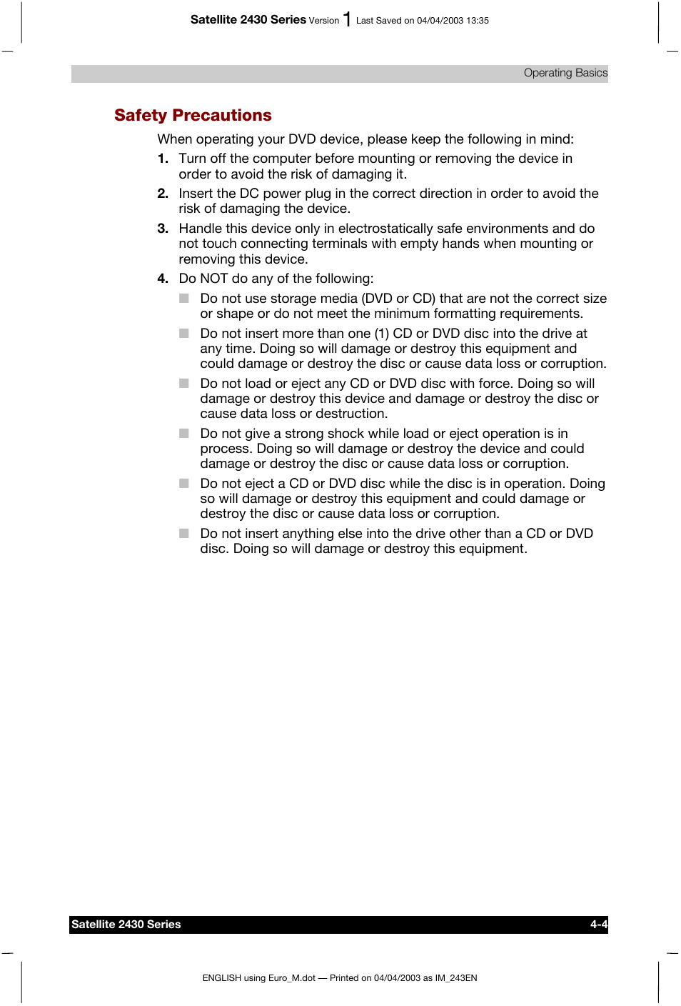 Safety precautions | Toshiba Satellite 2430-301 User Manual | Page 71 / 222