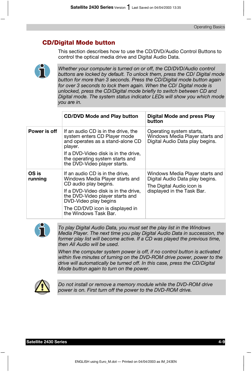 Cd/digital mode button | Toshiba Satellite 2430-301 User Manual | Page 76 / 222