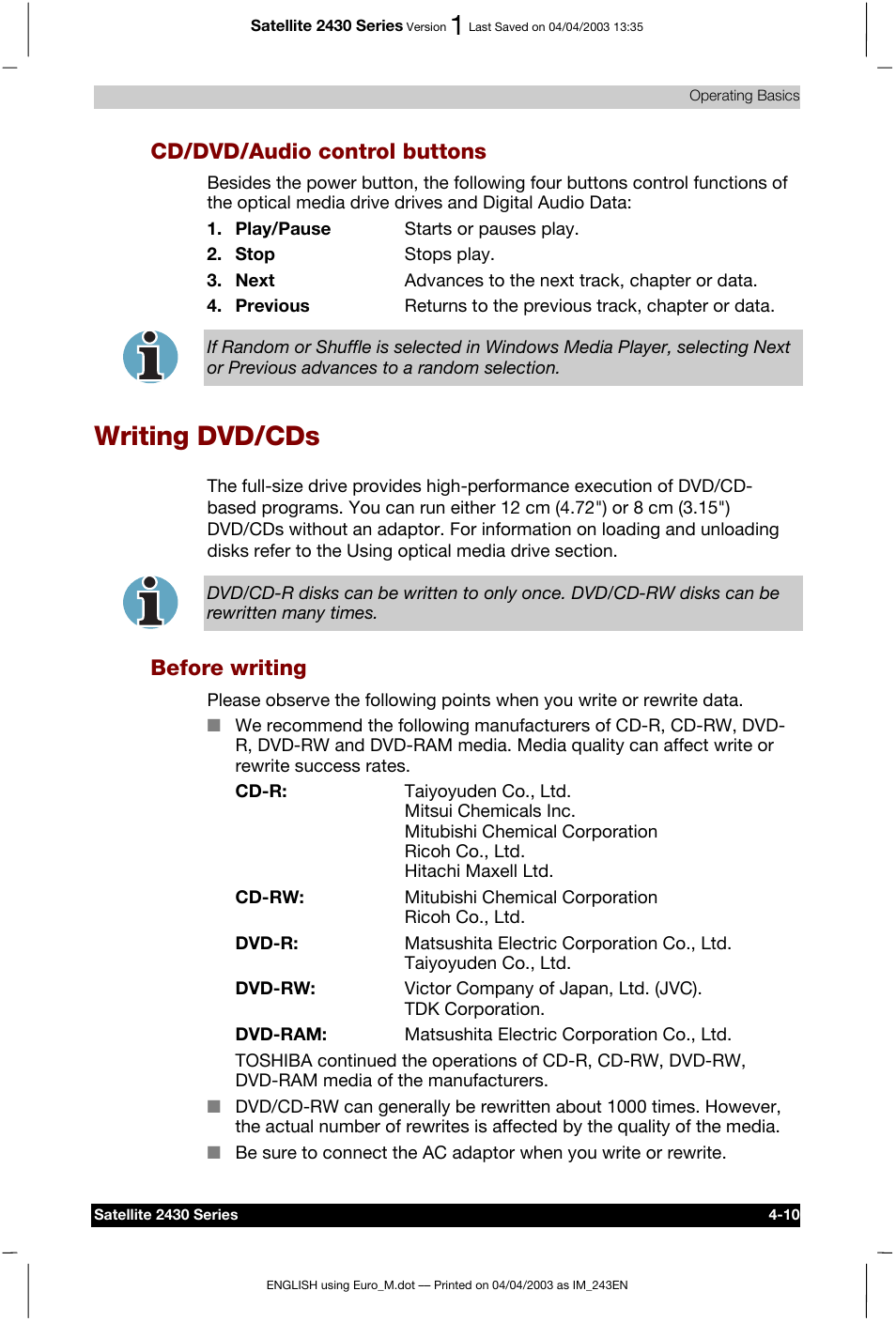 Writing dvd/cds, Cd/dvd/audio control buttons, Before writing | Toshiba Satellite 2430-301 User Manual | Page 77 / 222