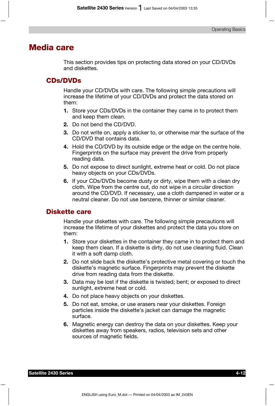 Media care, Cds/dvds, Diskette care | Toshiba Satellite 2430-301 User Manual | Page 79 / 222