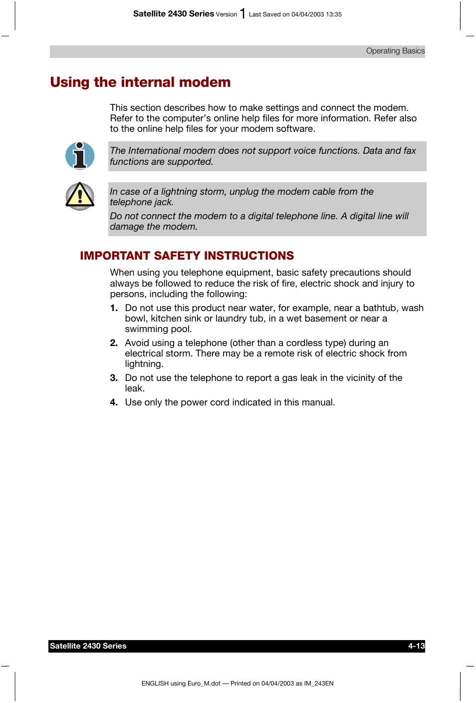 Using the internal modem, Important safety instructions | Toshiba Satellite 2430-301 User Manual | Page 80 / 222