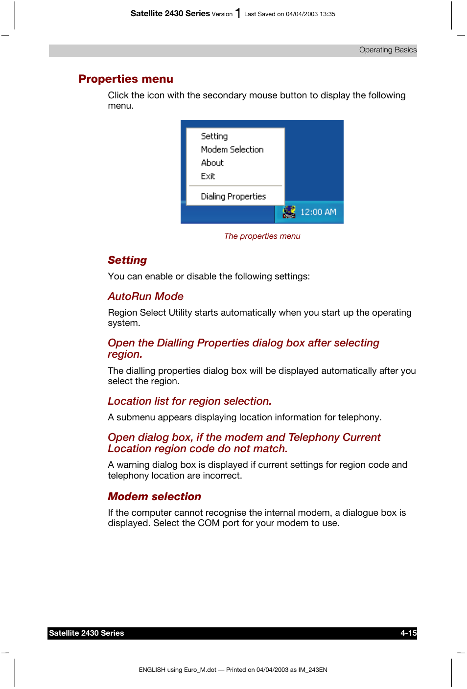 Properties menu | Toshiba Satellite 2430-301 User Manual | Page 82 / 222