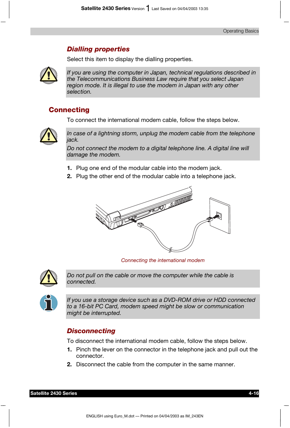 Connecting, Dialling properties, Disconnecting | Toshiba Satellite 2430-301 User Manual | Page 83 / 222