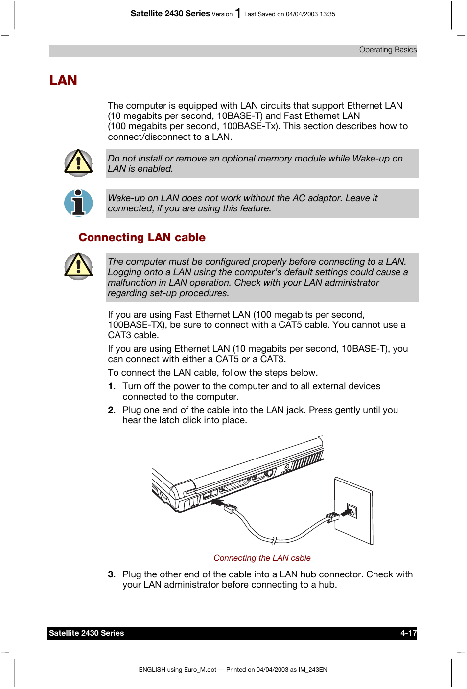 Connecting lan cable | Toshiba Satellite 2430-301 User Manual | Page 84 / 222