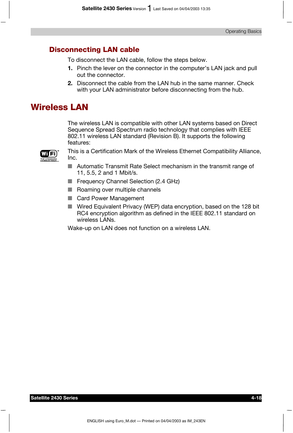 Wireless lan, Disconnecting lan cable | Toshiba Satellite 2430-301 User Manual | Page 85 / 222