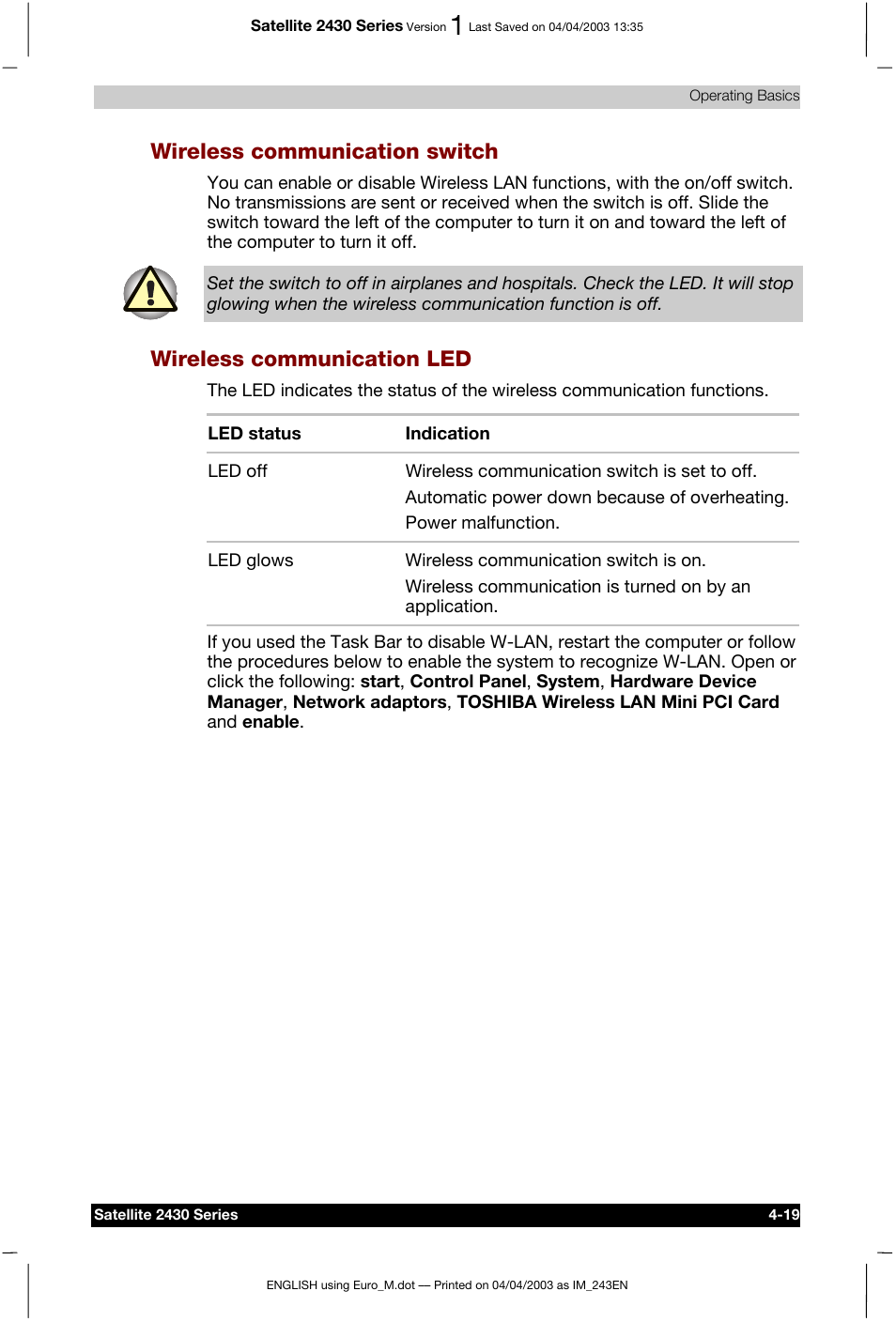 Wireless communication switch, Wireless communication led | Toshiba Satellite 2430-301 User Manual | Page 86 / 222