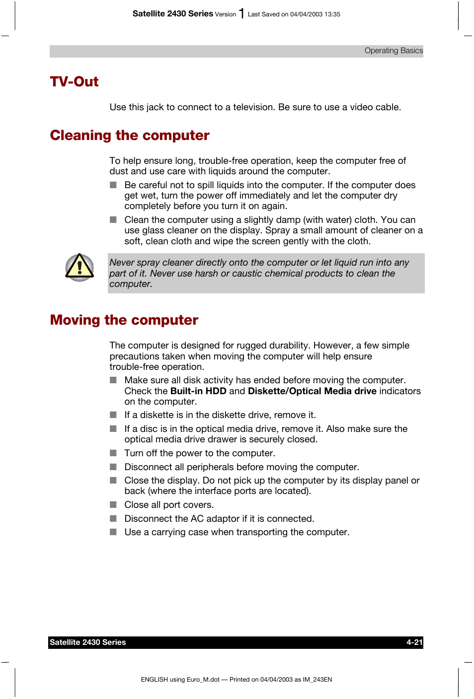 Tv-out, Cleaning the computer, Moving the computer | Toshiba Satellite 2430-301 User Manual | Page 88 / 222