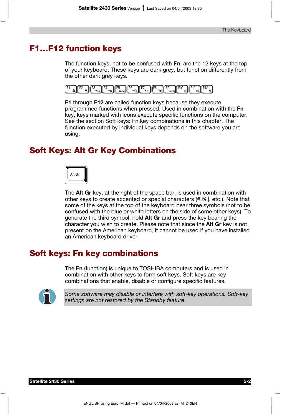 F1…f12 function keys, Soft keys: alt gr key combinations, Soft keys: fn key combinations | Toshiba Satellite 2430-301 User Manual | Page 91 / 222