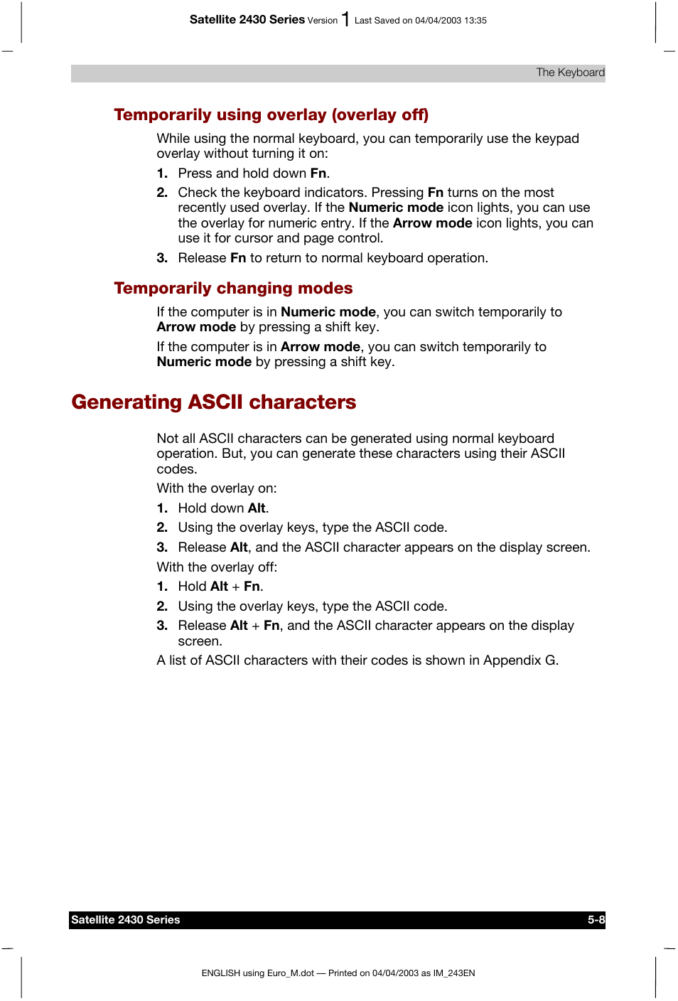 Generating ascii characters, Temporarily using overlay (overlay off), Temporarily changing modes | Toshiba Satellite 2430-301 User Manual | Page 97 / 222