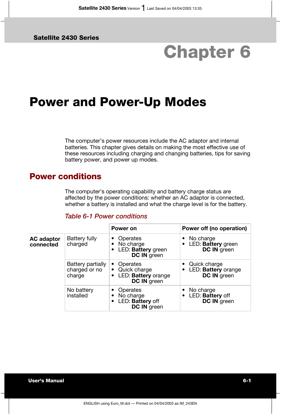 Chapter 6 power and power-up modes, Power conditions, Chapter 6 | Power and power-up modes | Toshiba Satellite 2430-301 User Manual | Page 98 / 222