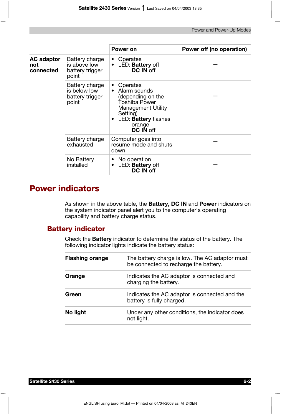 Power indicators, Battery indicator | Toshiba Satellite 2430-301 User Manual | Page 99 / 222