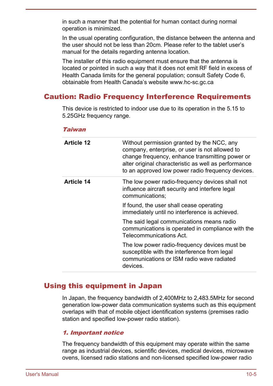 Caution: radio frequency interference requirements, Using this equipment in japan | Toshiba AT10LE-A User Manual | Page 100 / 102