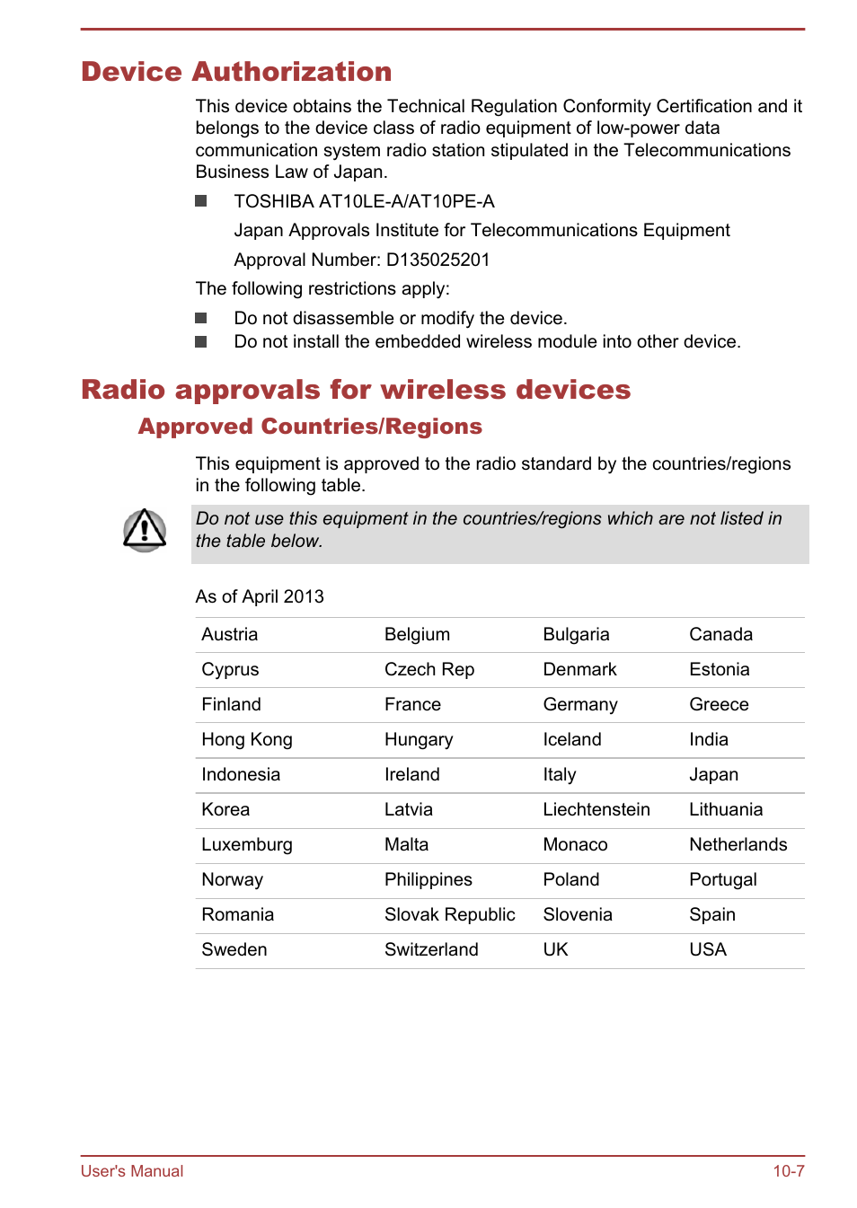 Device authorization, Radio approvals for wireless devices, Approved countries/regions | Toshiba AT10LE-A User Manual | Page 102 / 102