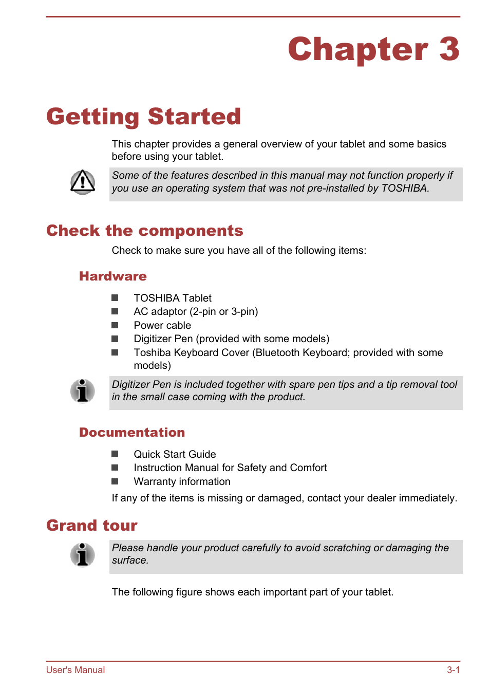 Chapter 3 getting started, Check the components, Hardware | Documentation, Grand tour, Chapter 3, Getting started, Check the components -1 grand tour -1 | Toshiba AT10LE-A User Manual | Page 14 / 102