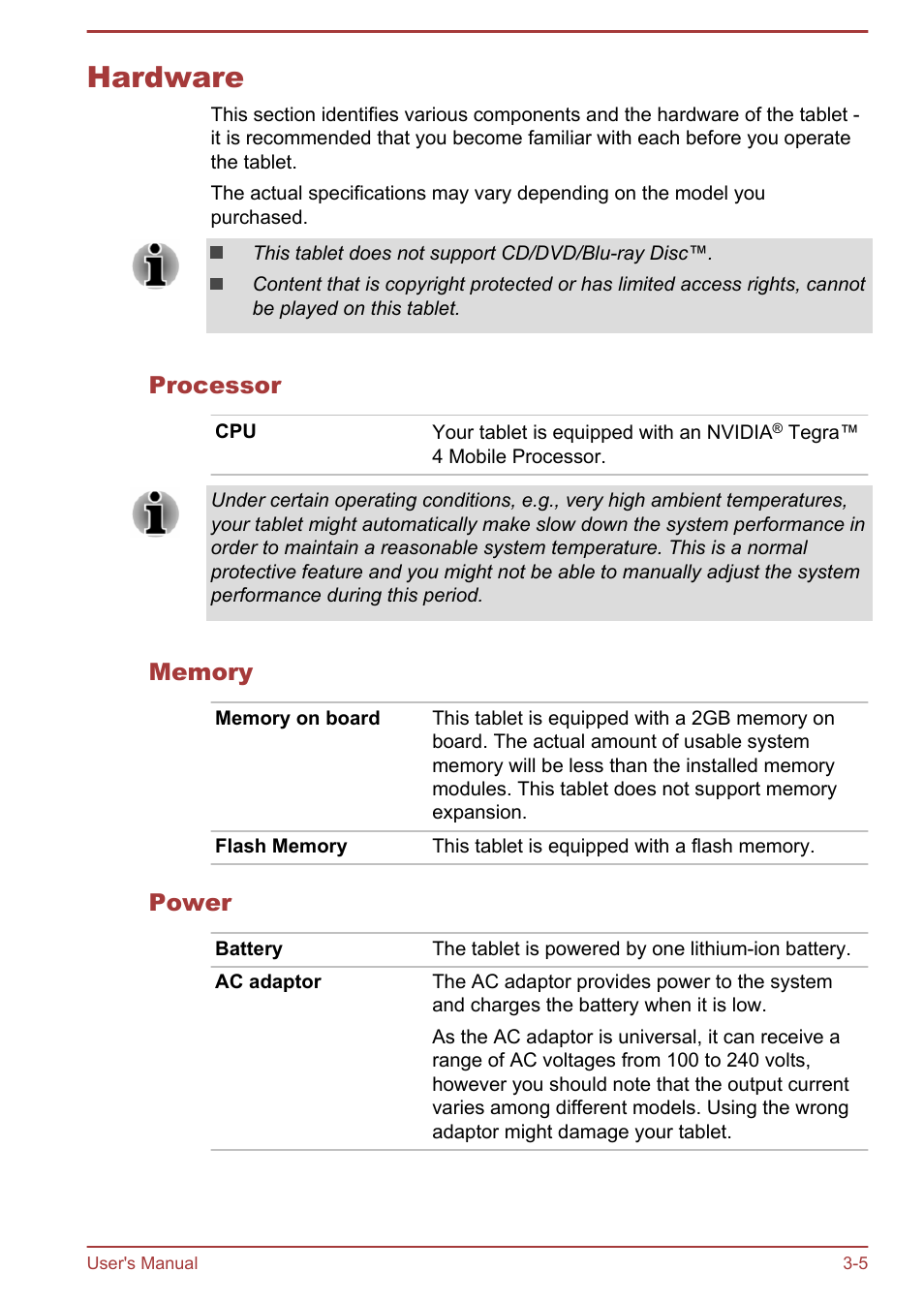 Hardware, Processor, Memory | Power, Hardware -5 | Toshiba AT10LE-A User Manual | Page 18 / 102