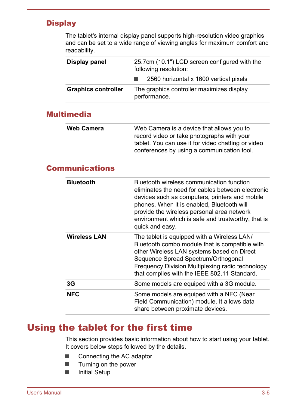 Display, Multimedia, Communications | Using the tablet for the first time, Using the tablet for the first time -6 | Toshiba AT10LE-A User Manual | Page 19 / 102