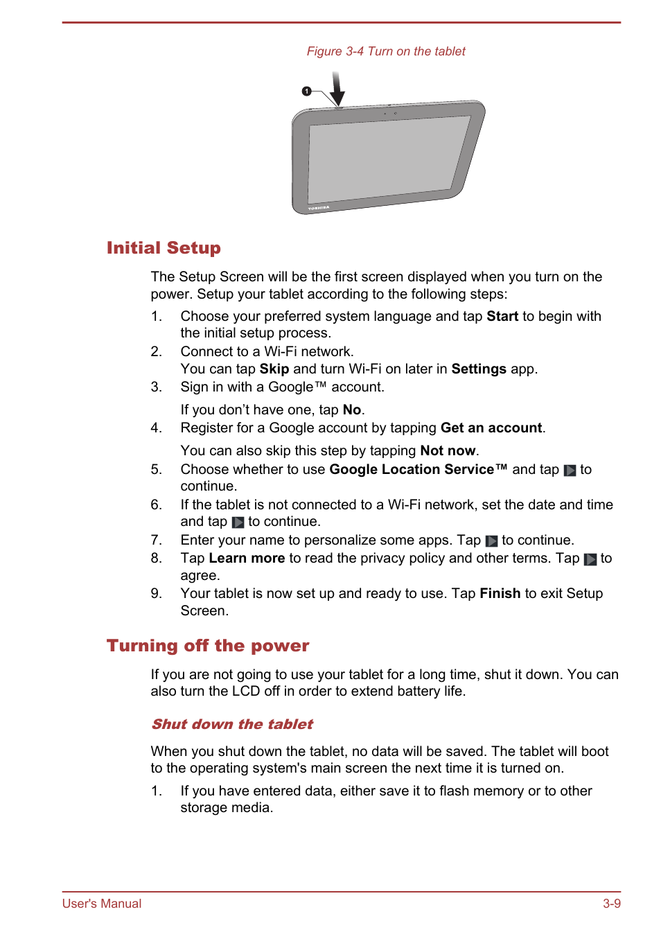 Initial setup, Turning off the power | Toshiba AT10LE-A User Manual | Page 22 / 102