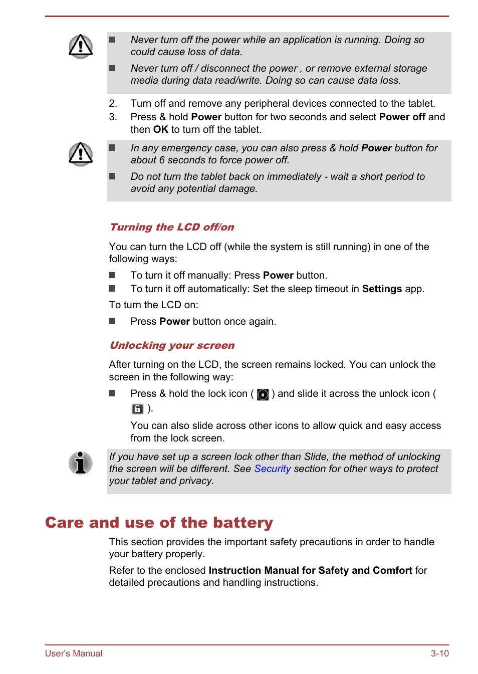 Care and use of the battery, Care and use of the battery -10 | Toshiba AT10LE-A User Manual | Page 23 / 102