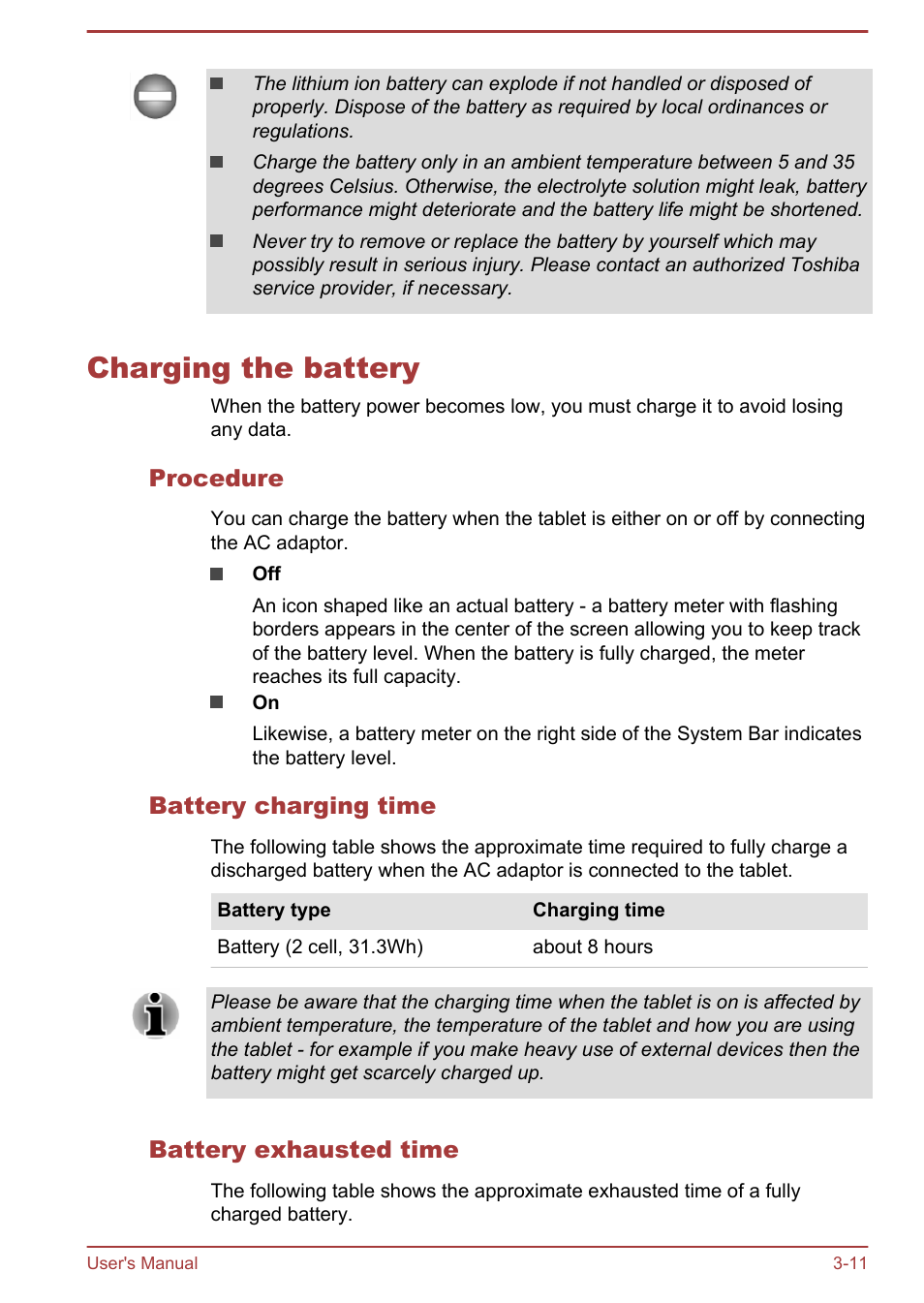 Charging the battery, Procedure, Battery charging time | Battery exhausted time, Charging the battery -11 | Toshiba AT10LE-A User Manual | Page 24 / 102