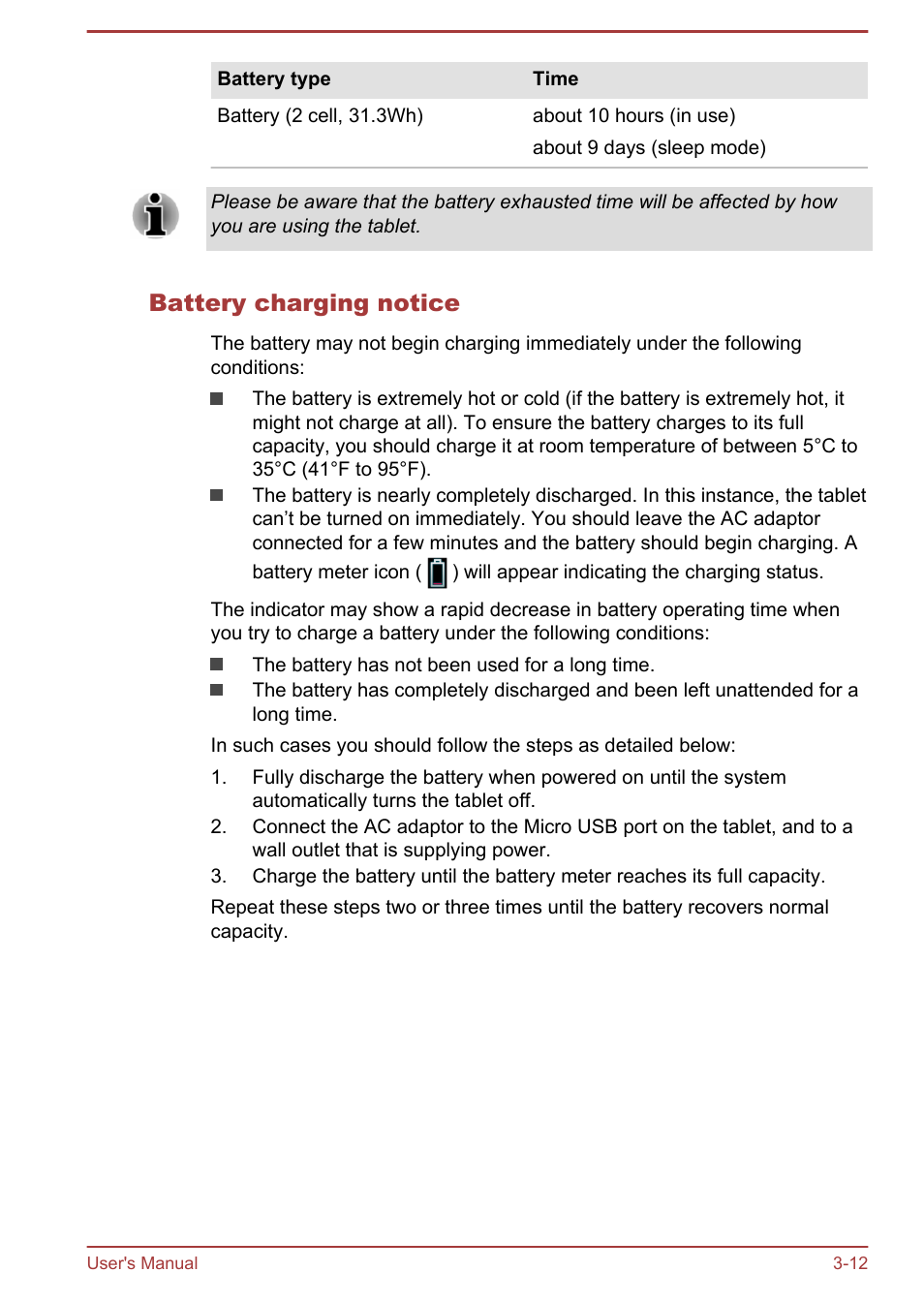 Battery charging notice | Toshiba AT10LE-A User Manual | Page 25 / 102