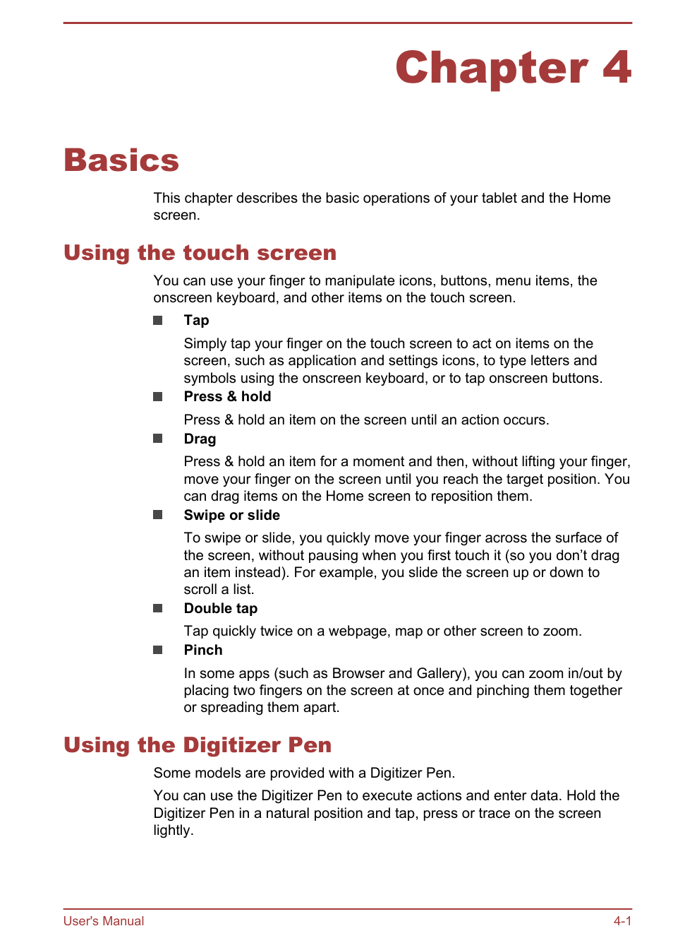 Chapter 4 basics, Using the touch screen, Using the digitizer pen | Chapter 4, Basics | Toshiba AT10LE-A User Manual | Page 26 / 102