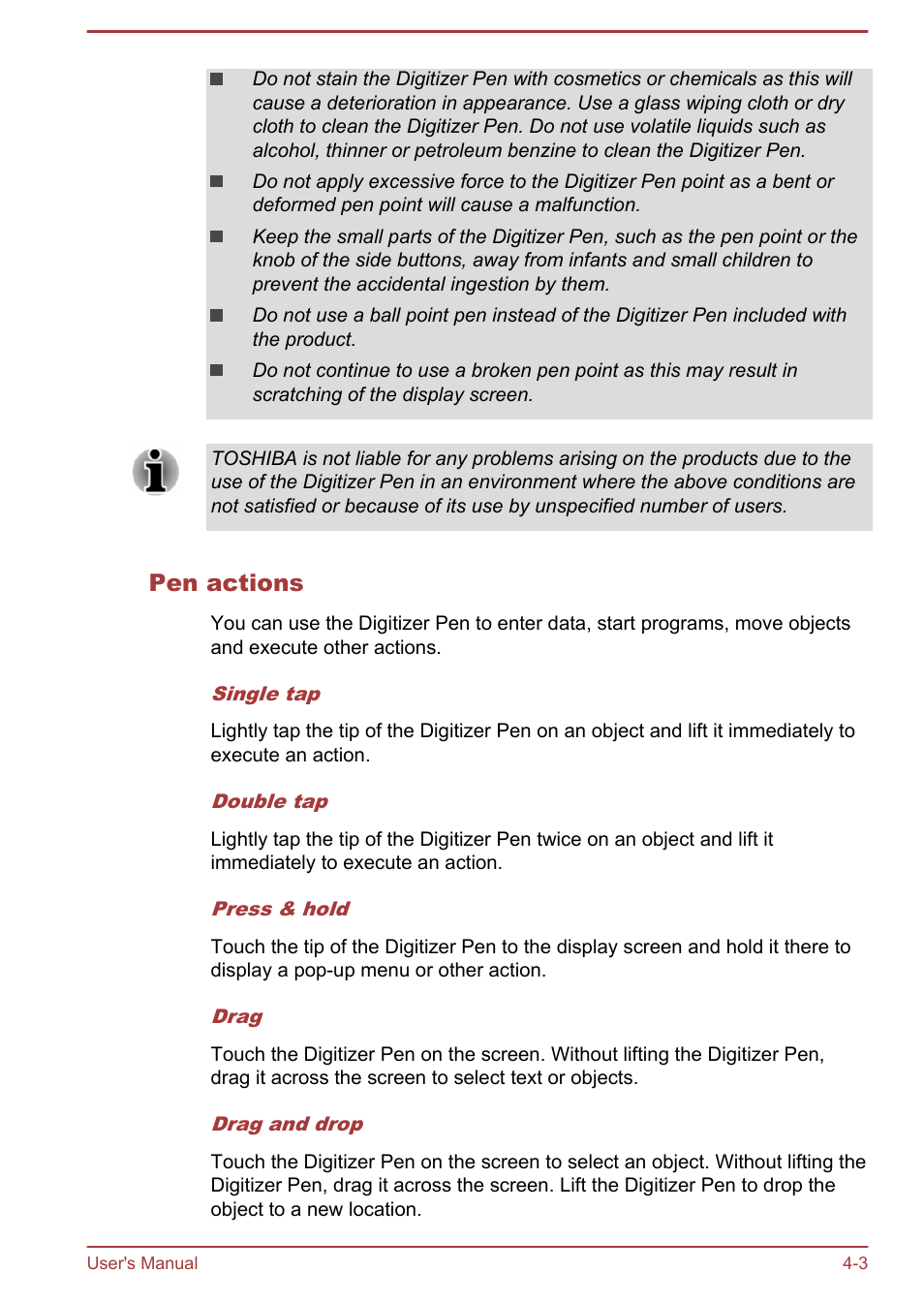 Pen actions | Toshiba AT10LE-A User Manual | Page 28 / 102