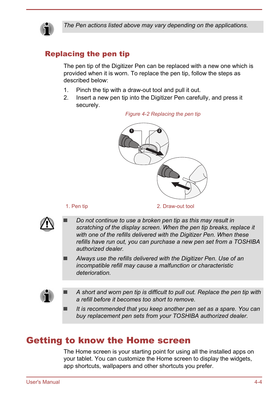 Replacing the pen tip, Getting to know the home screen, Getting to know the home screen -4 | Toshiba AT10LE-A User Manual | Page 29 / 102