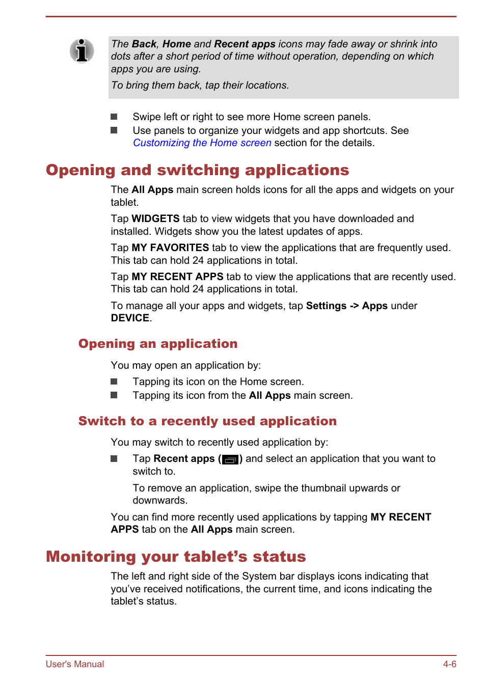 Opening and switching applications, Opening an application, Switch to a recently used application | Monitoring your tablet’s status | Toshiba AT10LE-A User Manual | Page 31 / 102