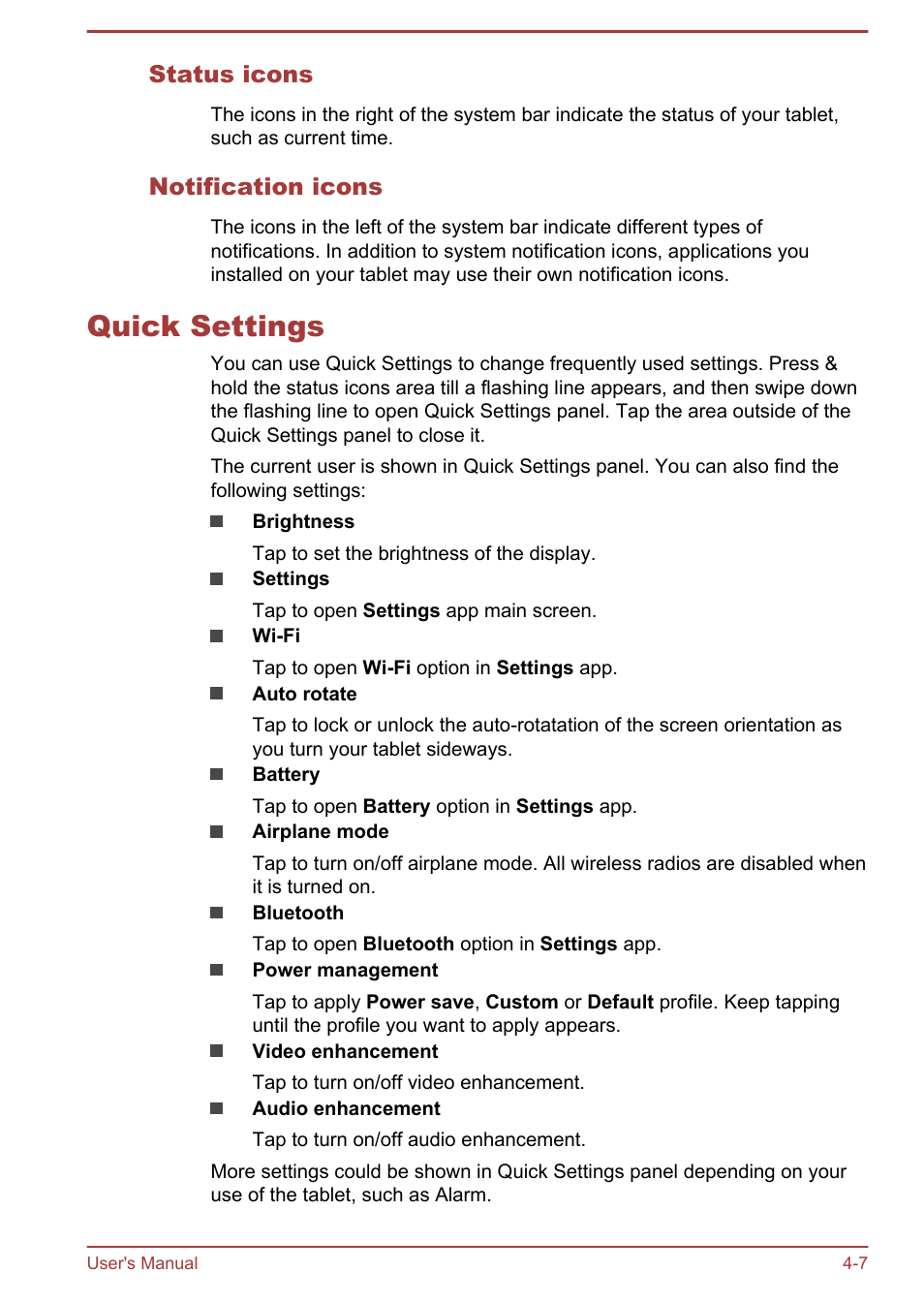 Status icons, Notification icons, Quick settings | Quick settings -7 | Toshiba AT10LE-A User Manual | Page 32 / 102