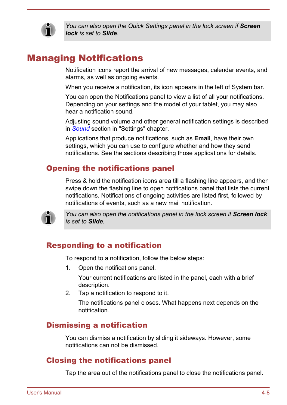 Managing notifications, Opening the notifications panel, Responding to a notification | Dismissing a notification, Closing the notifications panel, Managing notifications -8 | Toshiba AT10LE-A User Manual | Page 33 / 102