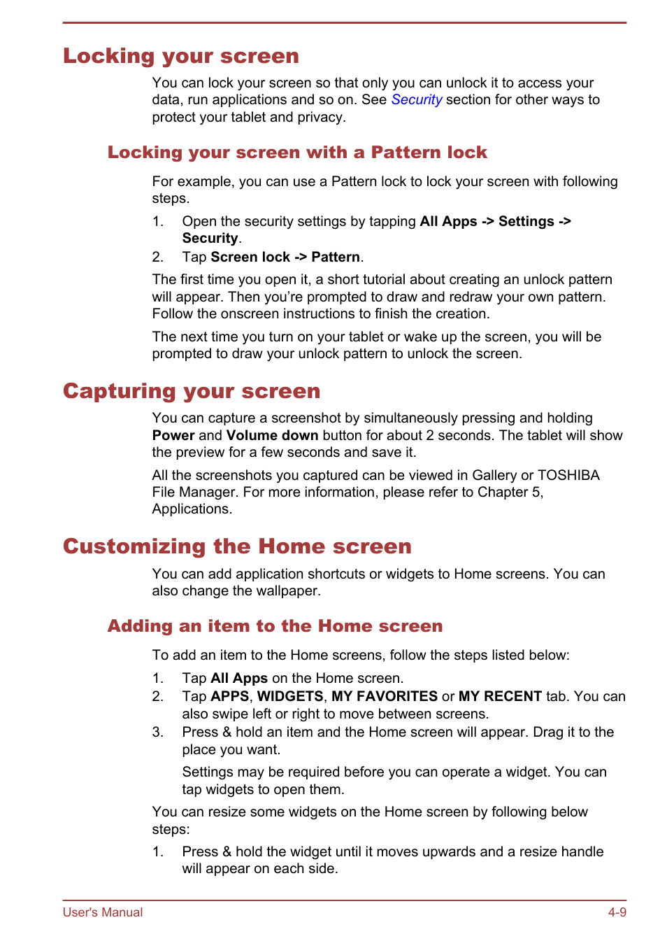 Locking your screen, Locking your screen with a pattern lock, Capturing your screen | Customizing the home screen, Adding an item to the home screen, Locking your screen -9 | Toshiba AT10LE-A User Manual | Page 34 / 102