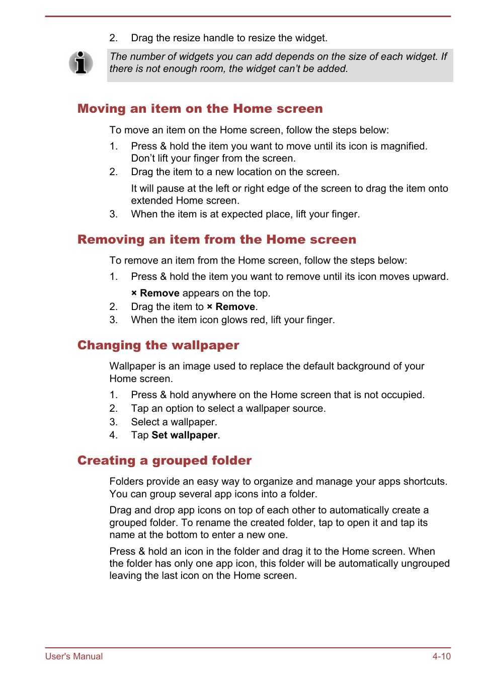Moving an item on the home screen, Removing an item from the home screen, Changing the wallpaper | Creating a grouped folder | Toshiba AT10LE-A User Manual | Page 35 / 102