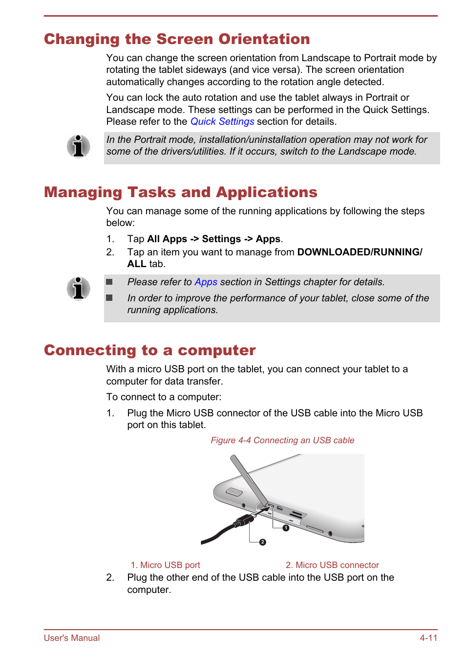 Changing the screen orientation, Managing tasks and applications, Connecting to a computer | Toshiba AT10LE-A User Manual | Page 36 / 102