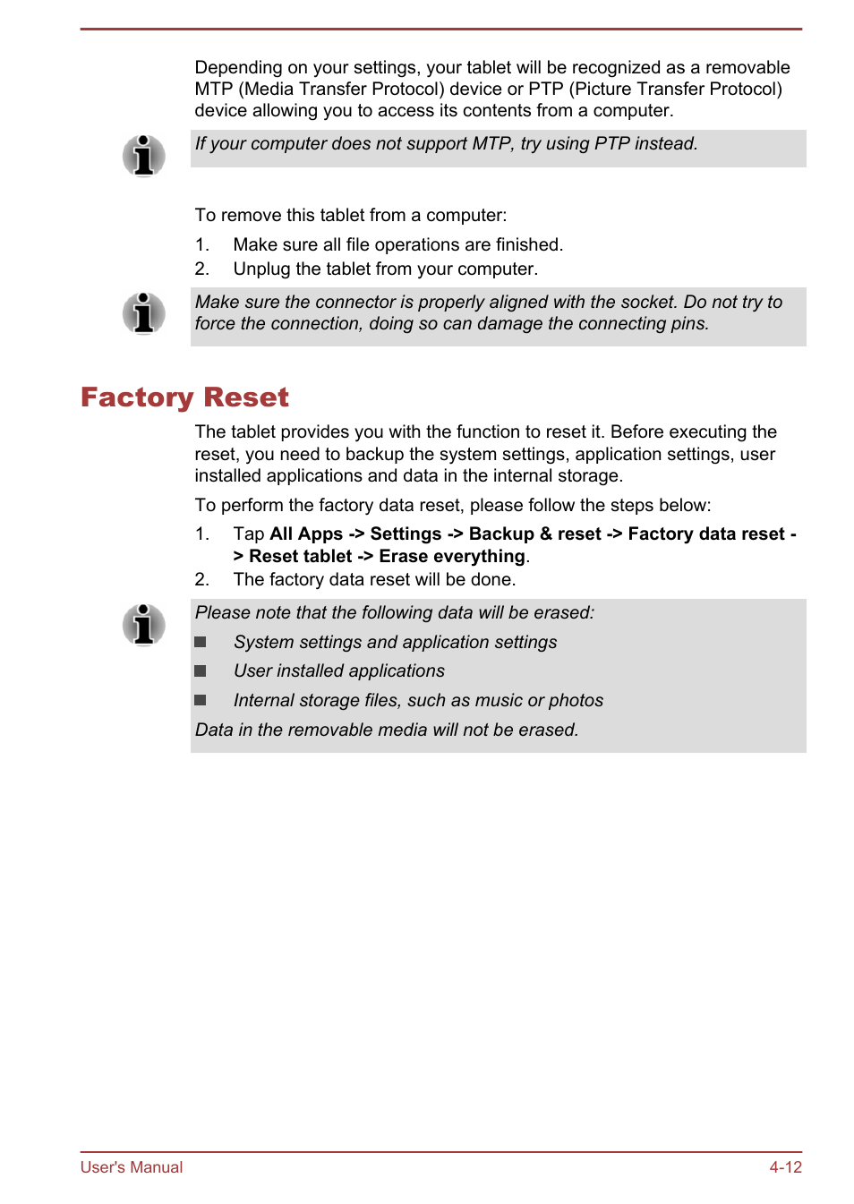 Factory reset, Factory reset -12 | Toshiba AT10LE-A User Manual | Page 37 / 102